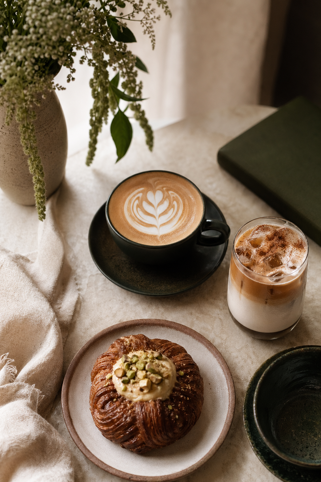 Editorial coffee spread with pastries